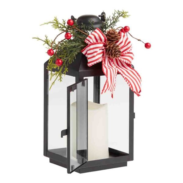 Pier Place Black Metal & Red Ribbon LED Lantern